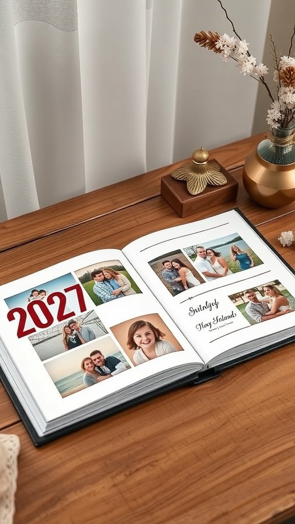 Open personalized photo album with pictures and the year 2027 on a wooden table.