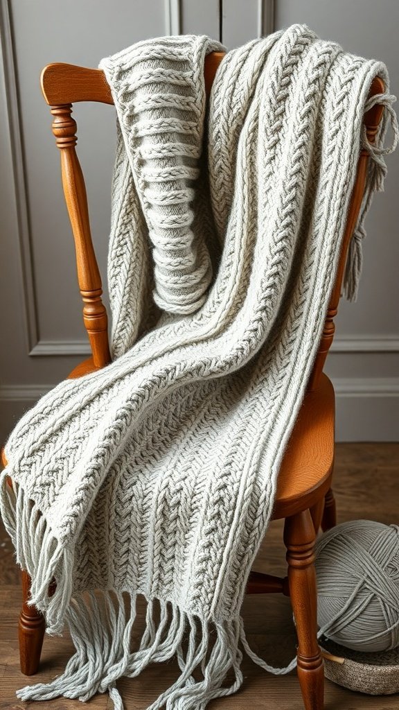 A knitted scarf draped over a wooden chair, showcasing its texture and design.