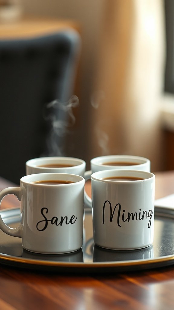Four white mugs on a tray with the words 'Sane' and 'Miming' written in a stylish font.