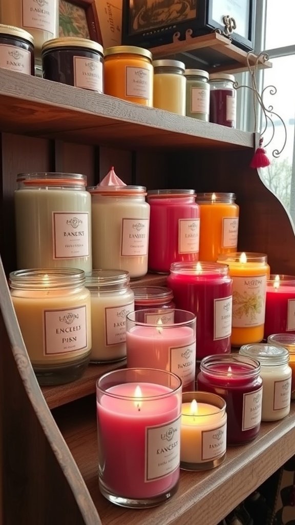 A variety of handmade scented candles displayed on shelves.