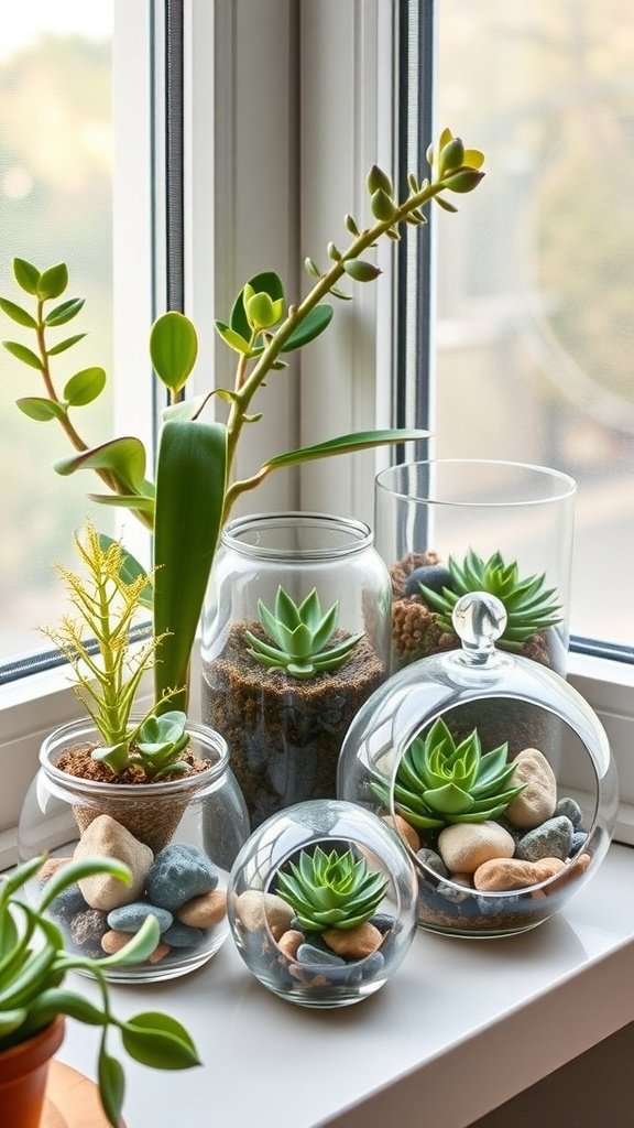 A collection of plant terrariums on a windowsill, featuring various succulents and decorative stones.