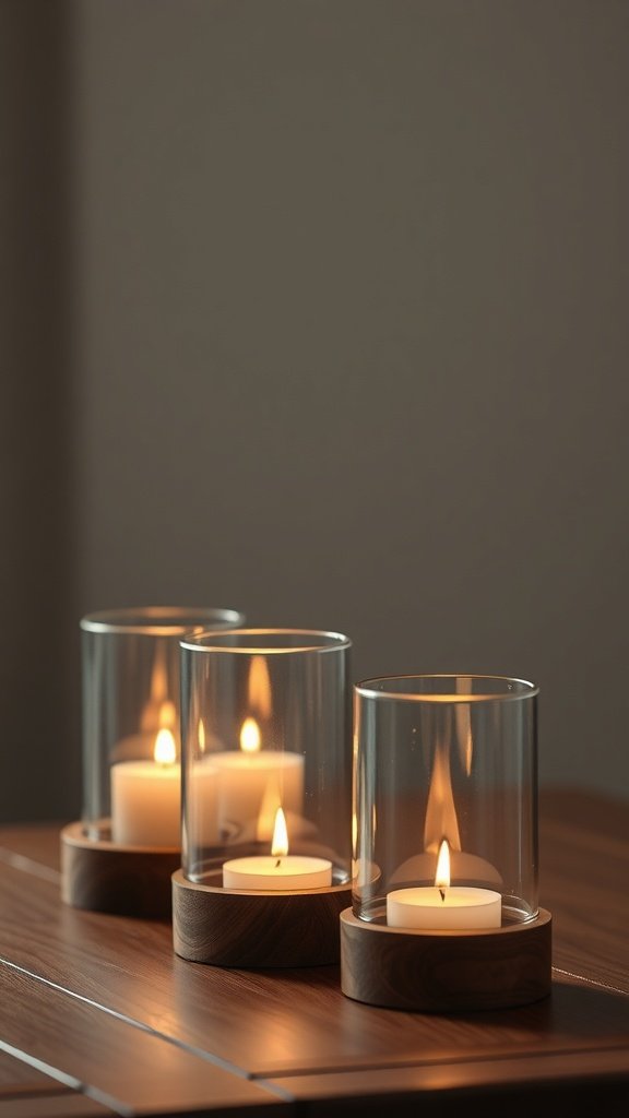 Three elegant candle holders with candles on a wooden table.