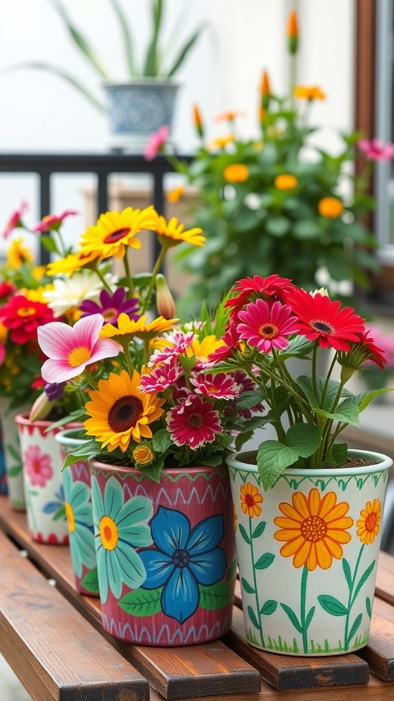 Colorful hand-painted flower pots with various flowers on a wooden table.