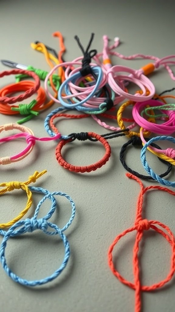 Colorful DIY friendship bracelets in various styles and colors.