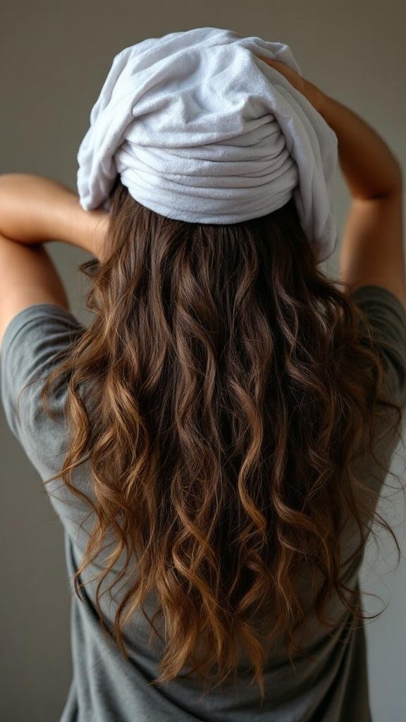 A person with long, wavy hair wrapped in a white T-shirt, preparing for overnight curls.
