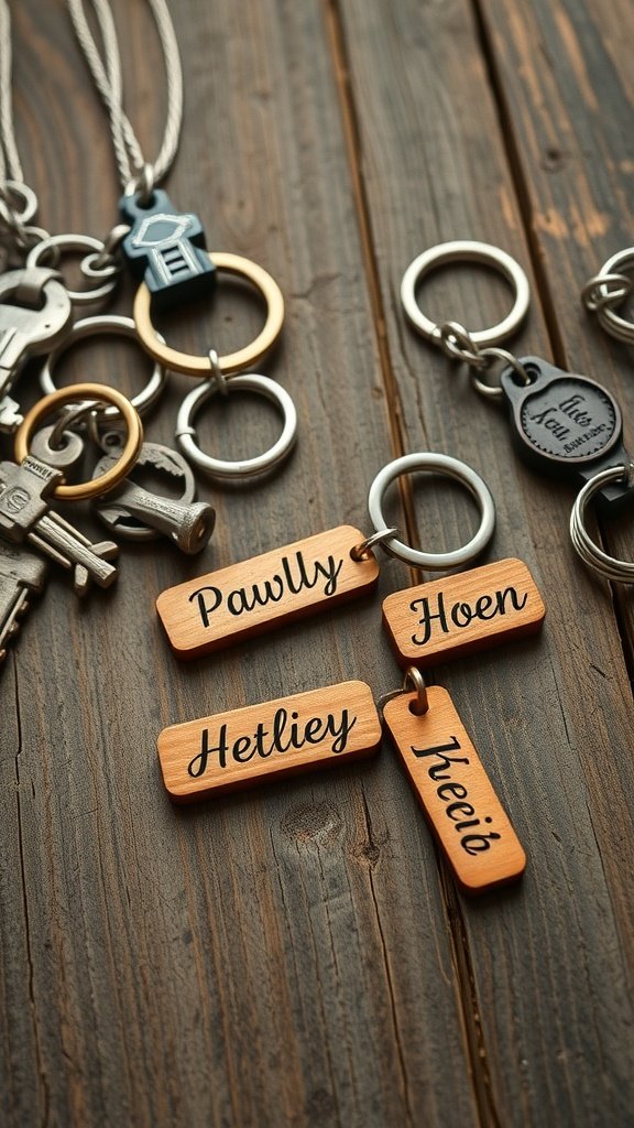 A collection of personalized wooden keychains with names on them.