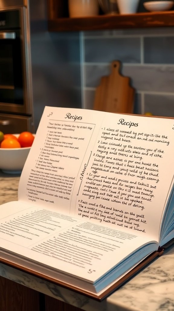Open recipe book with handwritten notes and recipes on a kitchen countertop.