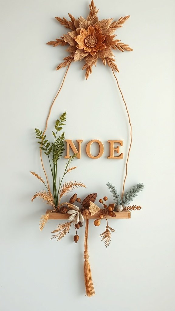 A decorative wall art piece featuring a flower, greenery, and the word 'NOE' in a warm color palette.