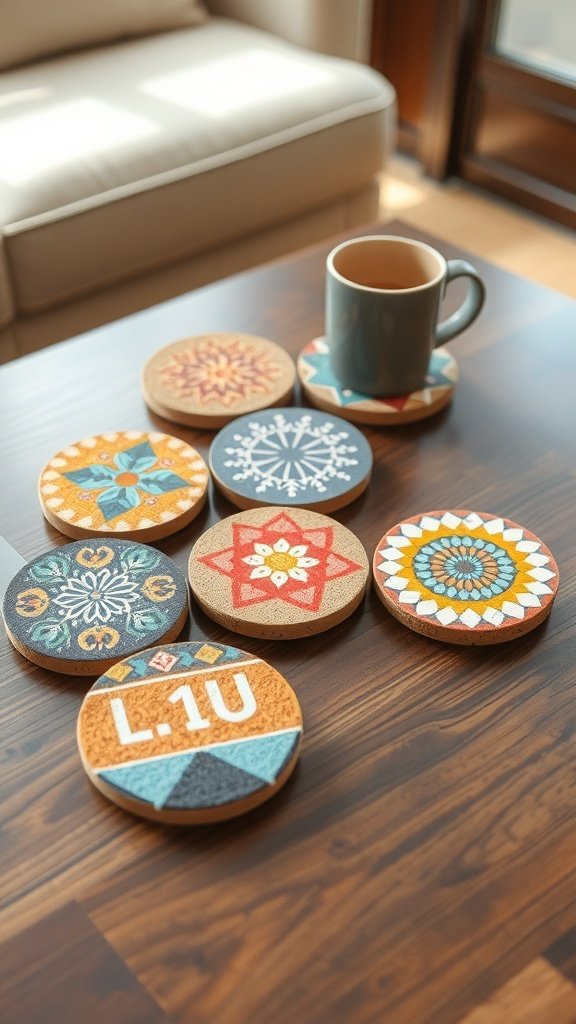 Colorful DIY coasters on a wooden table with a mug.