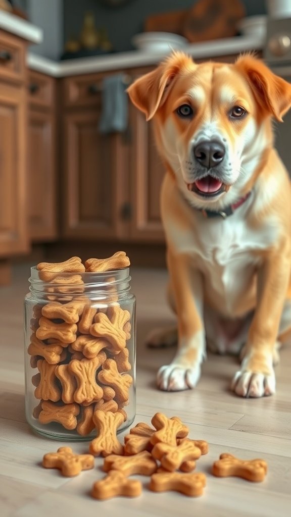 A happy dog sitting next to a jar filled with homemade dog treats.