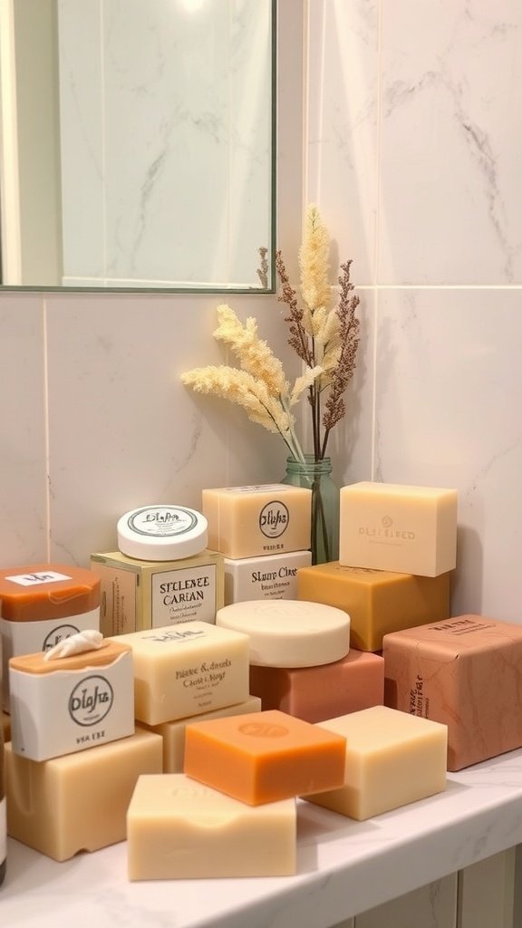 A variety of handcrafted soaps displayed on a bathroom shelf.