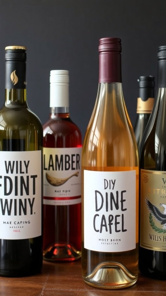 A collection of wine bottles with DIY labels.