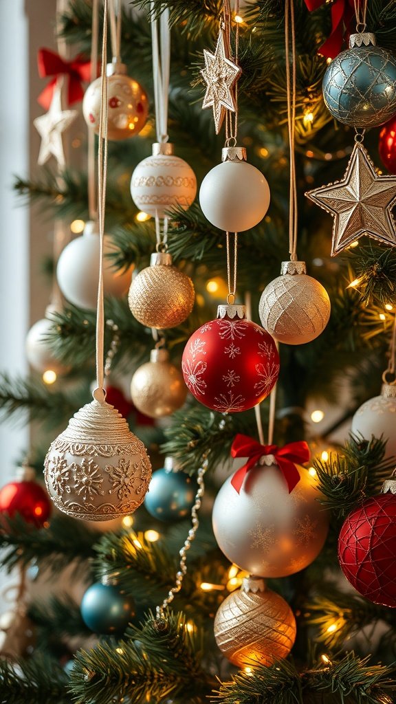 Colorful handmade Christmas ornaments hanging on a tree.