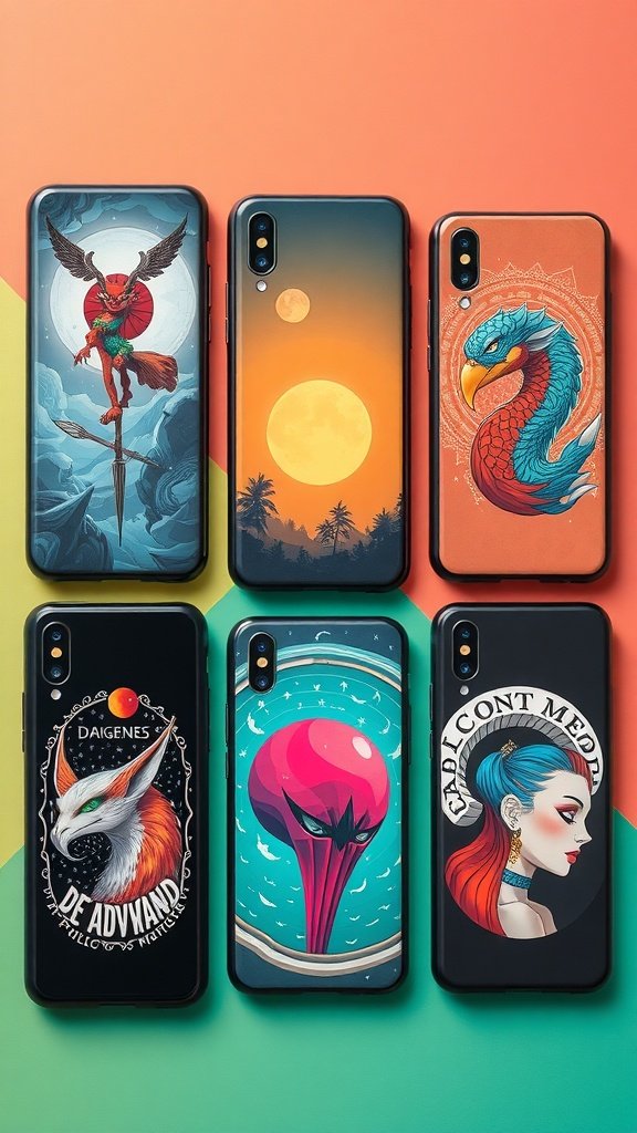 A variety of colorful customized phone cases displayed on a gradient background.