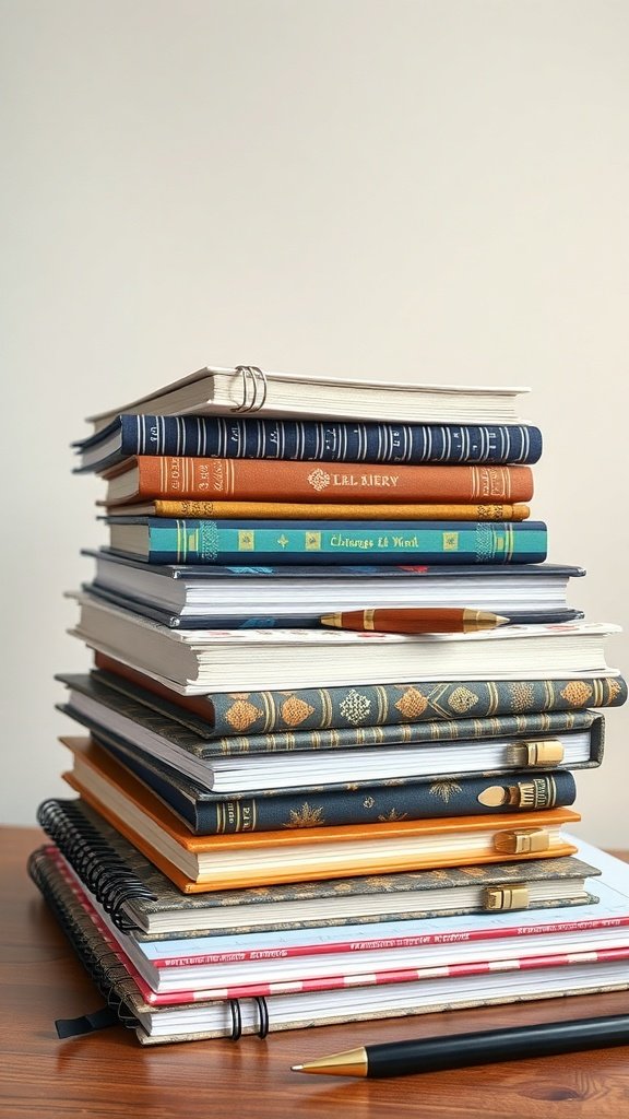 A stack of various notebooks with different designs and colors.