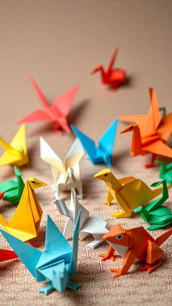 A variety of colorful origami animals including cranes, frogs, and dinosaurs arranged on a patterned surface.