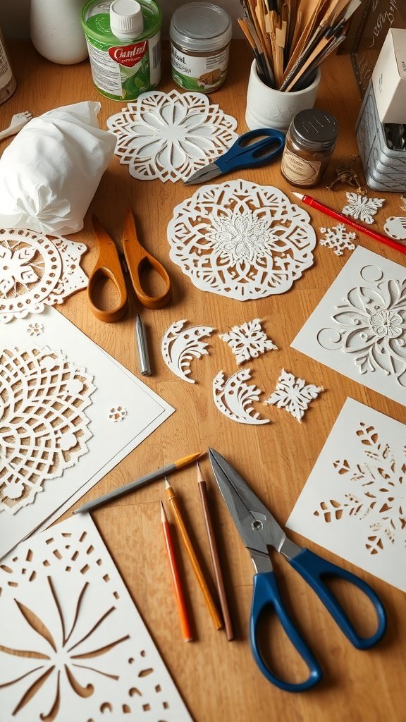 A workspace with various paper cutting tools and intricate paper designs.
