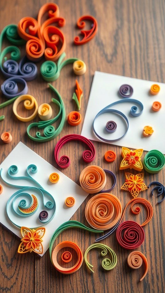 Colorful paper quilling designs on a wooden surface.