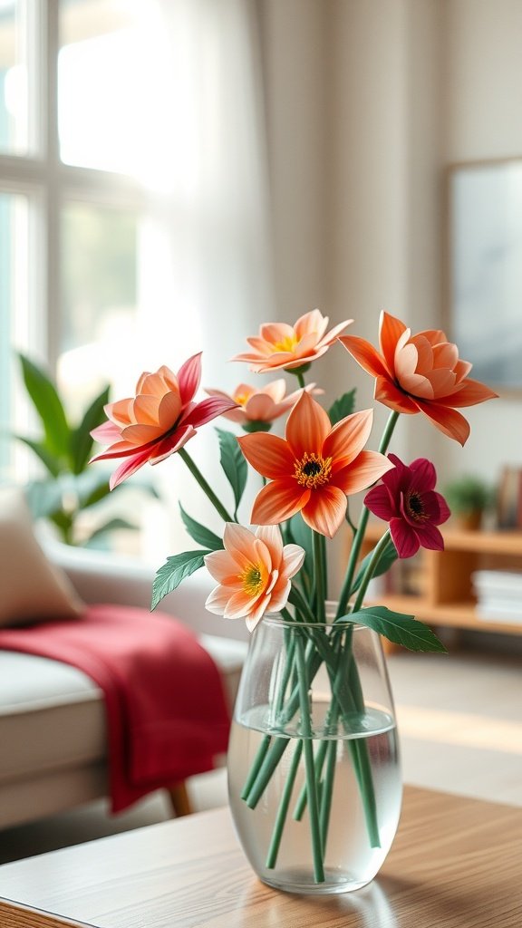 A vase filled with vibrant 3D paper flowers in a cozy living room setting.