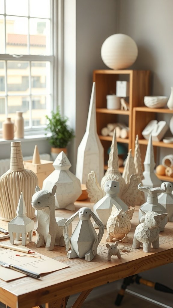 A variety of paper mache sculptures displayed on a table, including animals and geometric shapes.
