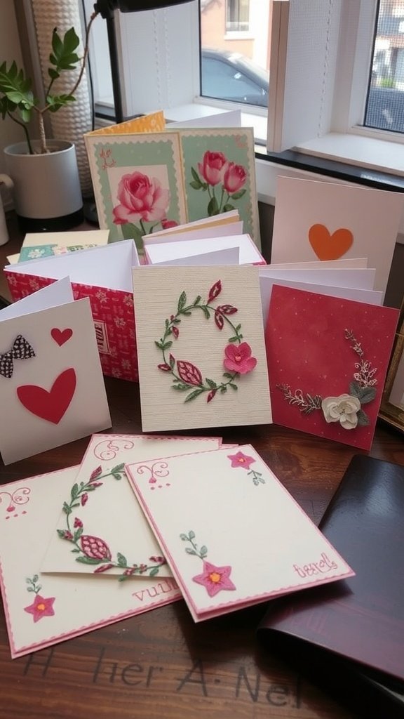 A collection of handmade paper greeting cards with various designs, including flowers and hearts.