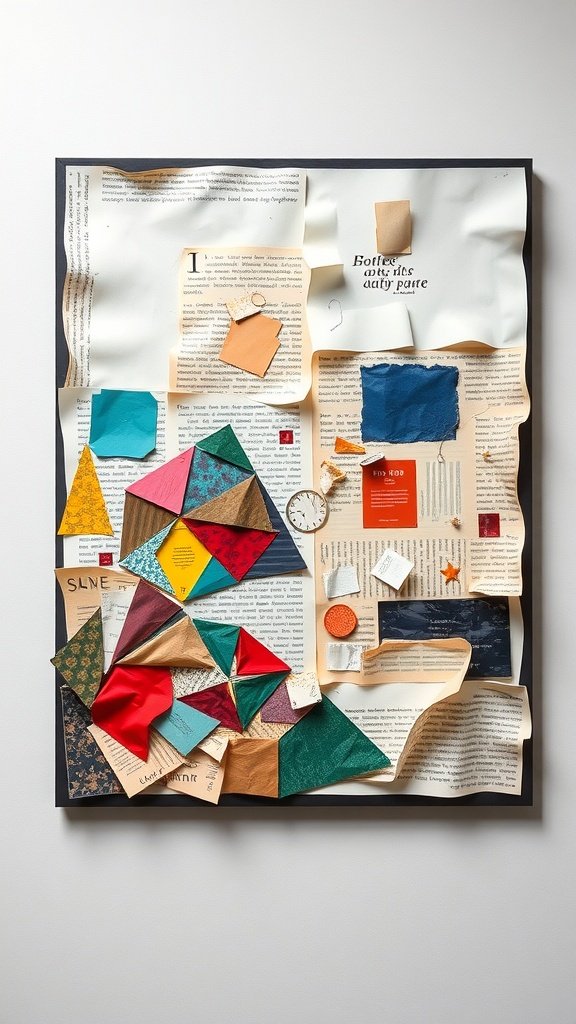 A vibrant paper collage featuring various textures and colors arranged in an artistic display.