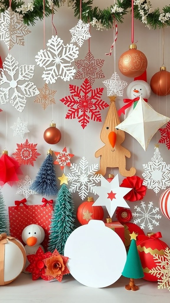 A collection of seasonal paper decorations including snowflakes, Christmas trees, and ornaments.