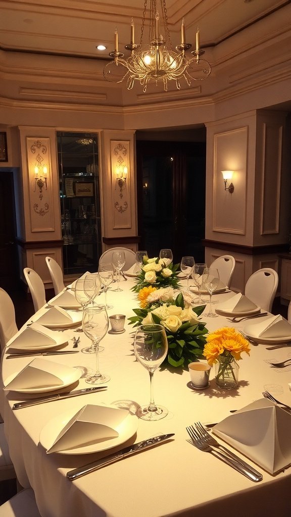 A beautifully set dining table with folded napkins and floral centerpieces.