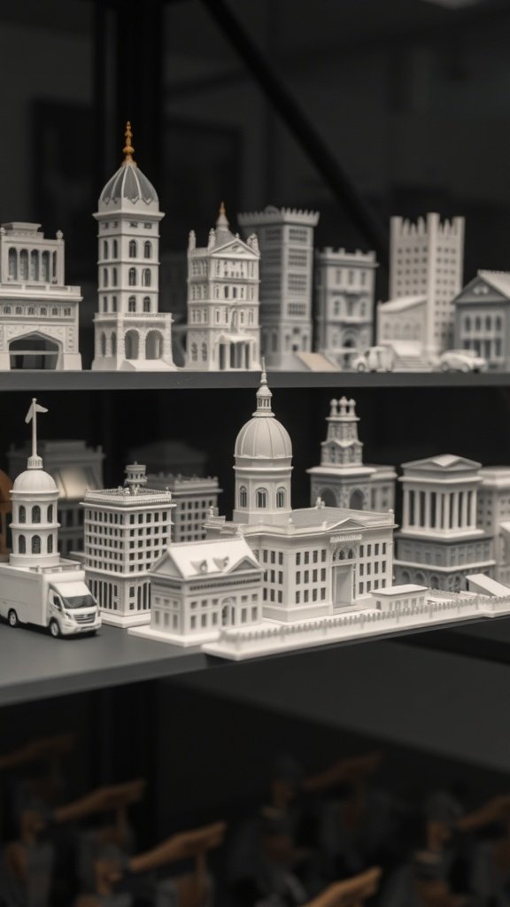 A collection of detailed miniature paper models of buildings and vehicles on display.