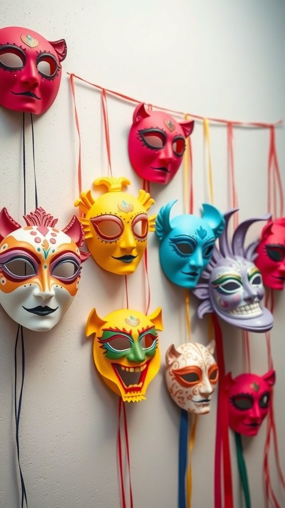 Colorful paper maché masks hanging on a wall