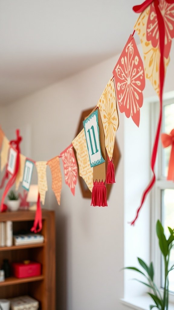 Colorful decorative paper banners hanging in a room.