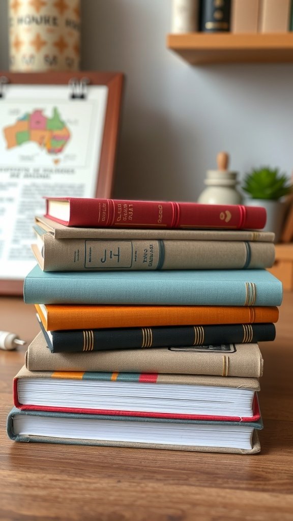 A stack of colorful paper journals on a wooden desk.