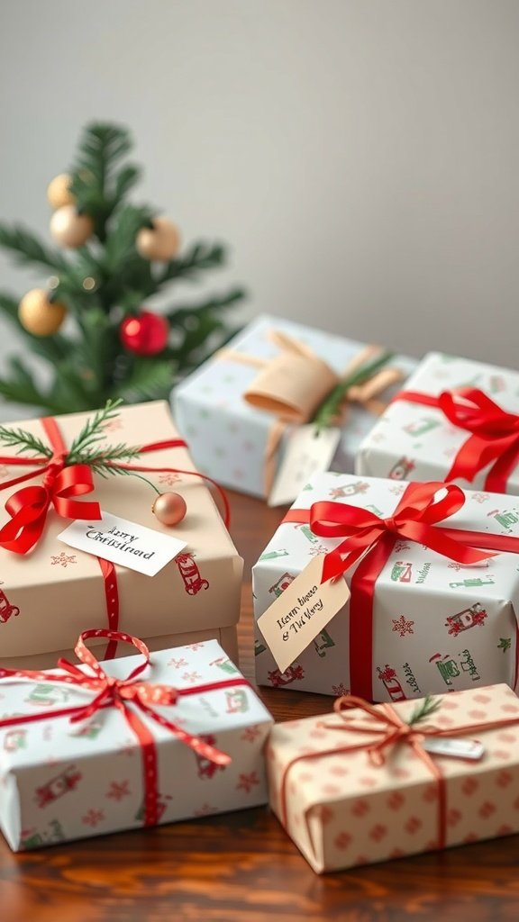 Customized paper gift wrap with festive designs and ribbons.