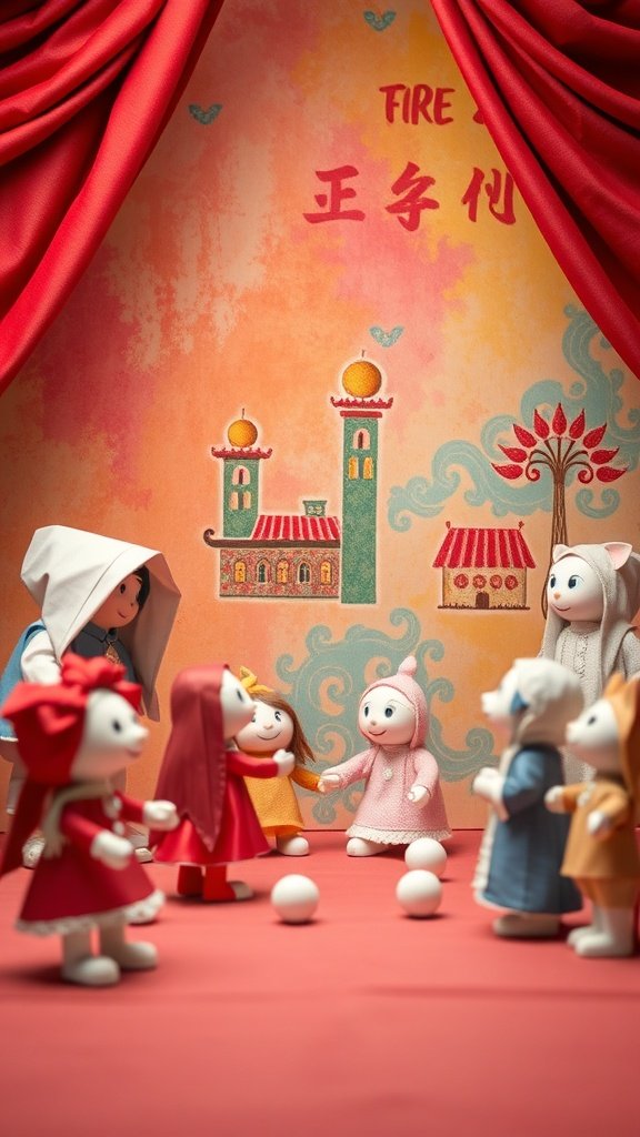 Colorful paper puppets performing on a small stage.