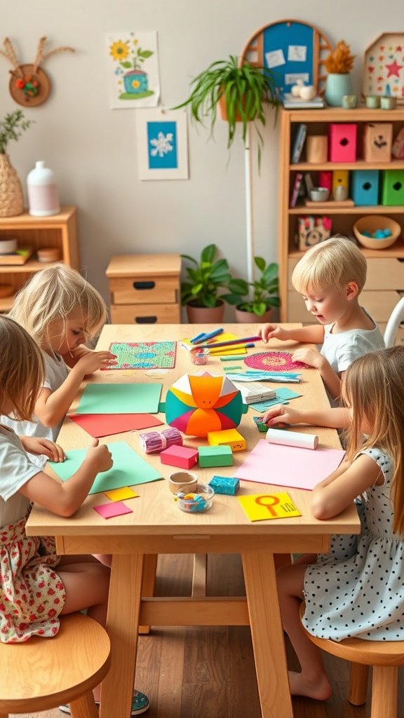 Children engaged in paper crafting activities at a table.
