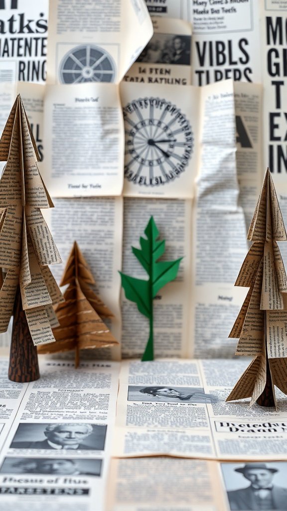 Upcycled paper crafts featuring trees and leaves made from old newspapers.