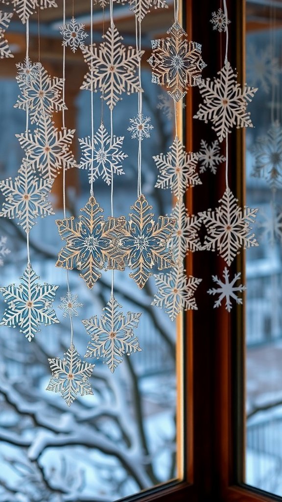 A collection of delicate paper snowflakes hanging in front of a window with a snowy landscape outside.
