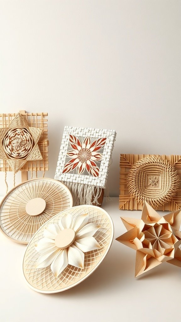 A collection of intricate paper weaving projects showcasing various designs and textures.