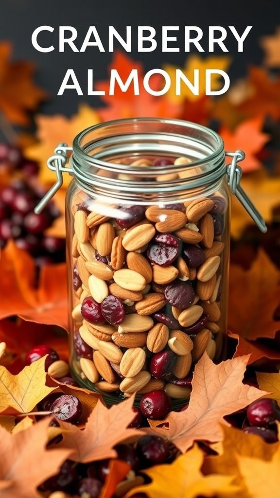 A jar filled with cranberry almond trail mix surrounded by autumn leaves.