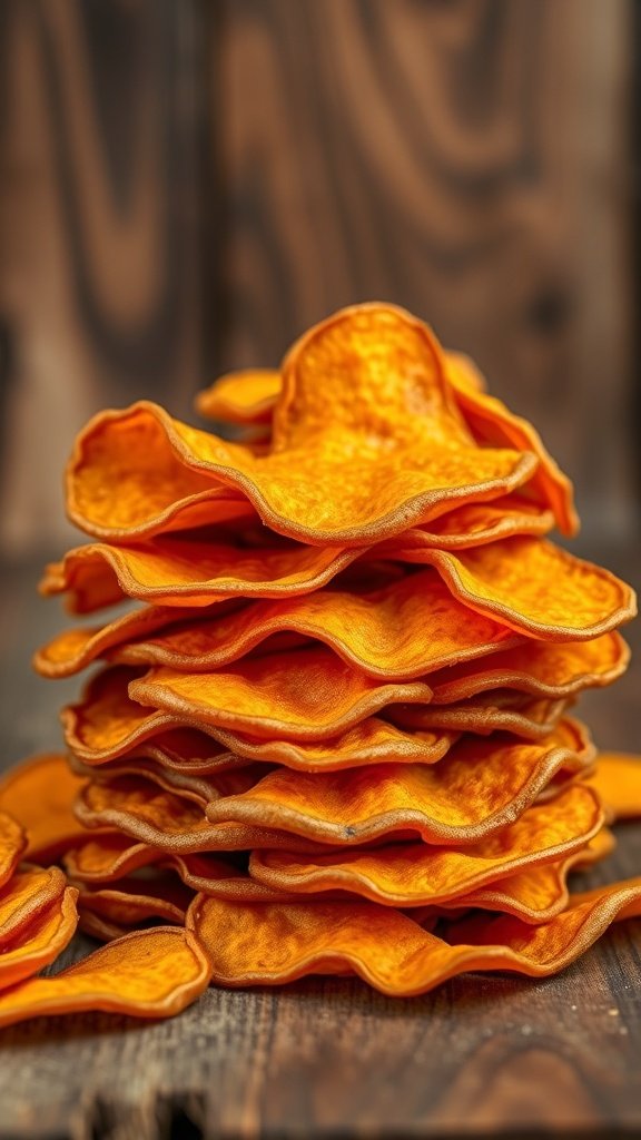 A stack of crispy maple glazed sweet potato chips on a wooden surface.