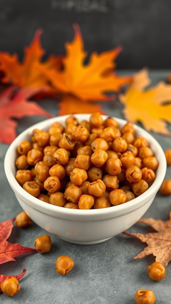 A bowl of pumpkin spice roasted chickpeas surrounded by colorful autumn leaves.