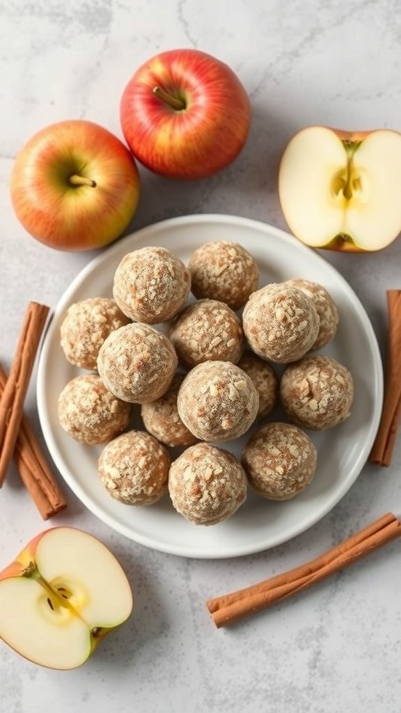 A plate of apple cinnamon energy bites surrounded by fresh apples and cinnamon sticks.