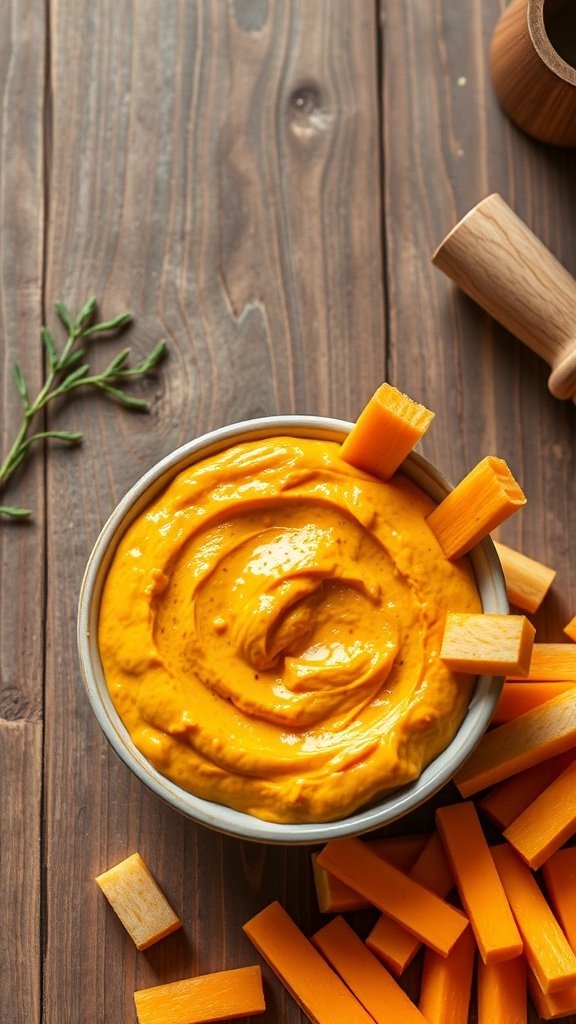 A bowl of creamy butternut squash dip surrounded by fresh vegetable sticks.