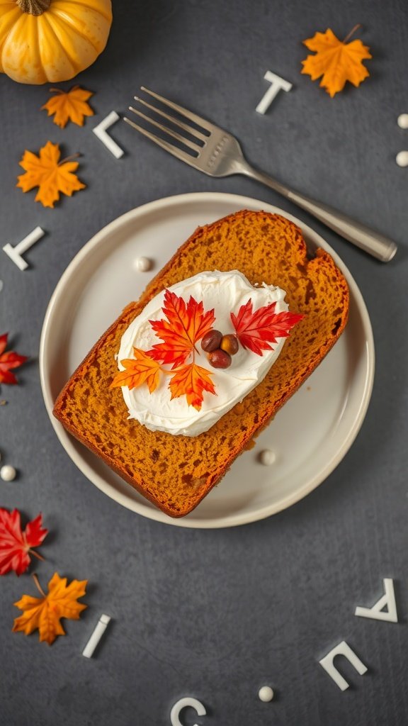 Slice of pumpkin bread topped with cream cheese and decorative leaves on a plate