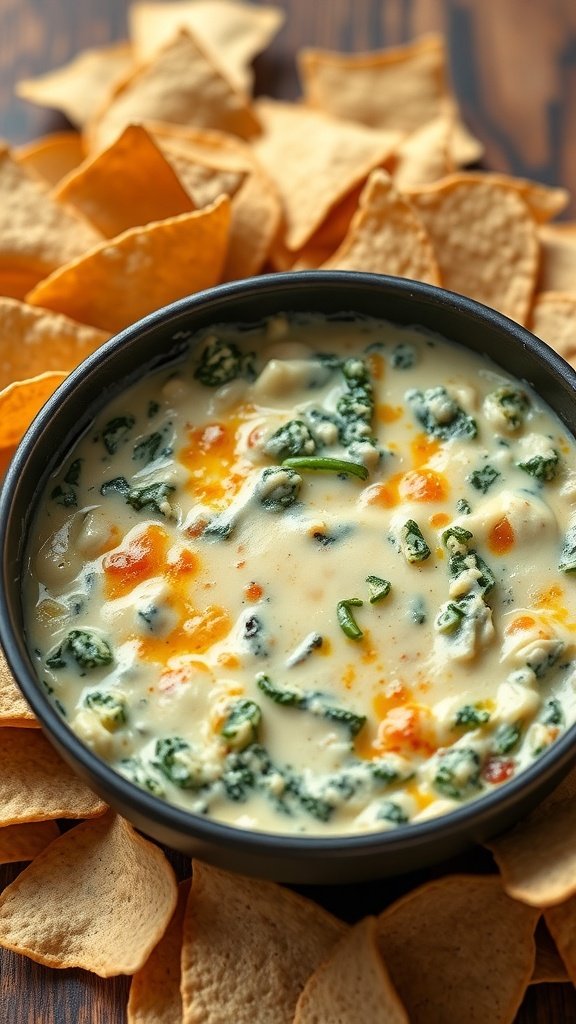 A bowl of cheesy spinach and artichoke dip surrounded by tortilla chips.