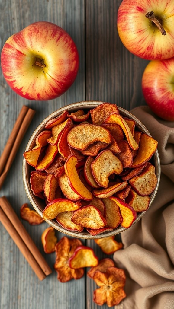 A bowl of spiced apple chips with fresh apples and cinnamon sticks on a wooden surface.