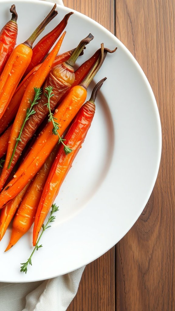 A plate of honey roasted carrots garnished with thyme on a wooden table.