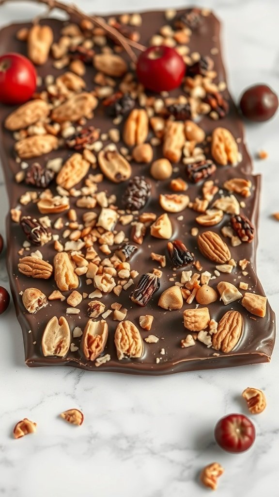 Nutty chocolate bark topped with various nuts and dried fruits.