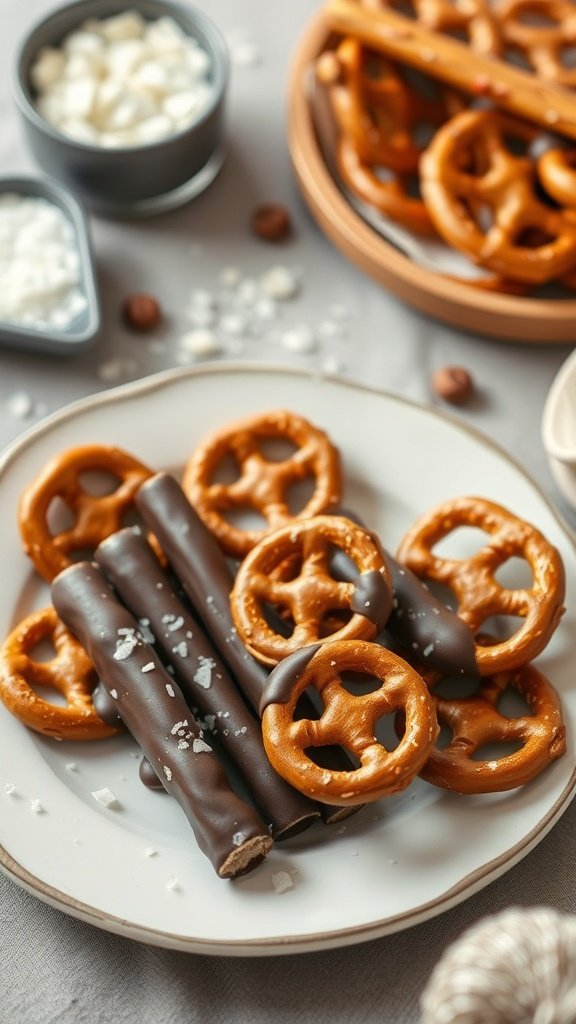 A plate of chocolate-dipped pretzels with sea salt.