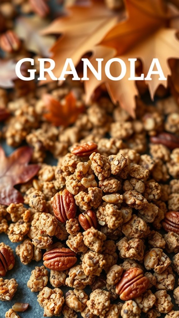 A close-up of maple pecan granola clusters with autumn leaves.